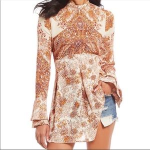 Free People Lady Luck Tunic Dress Rust Ivory Open Back Tie Long Sleeves Size XS